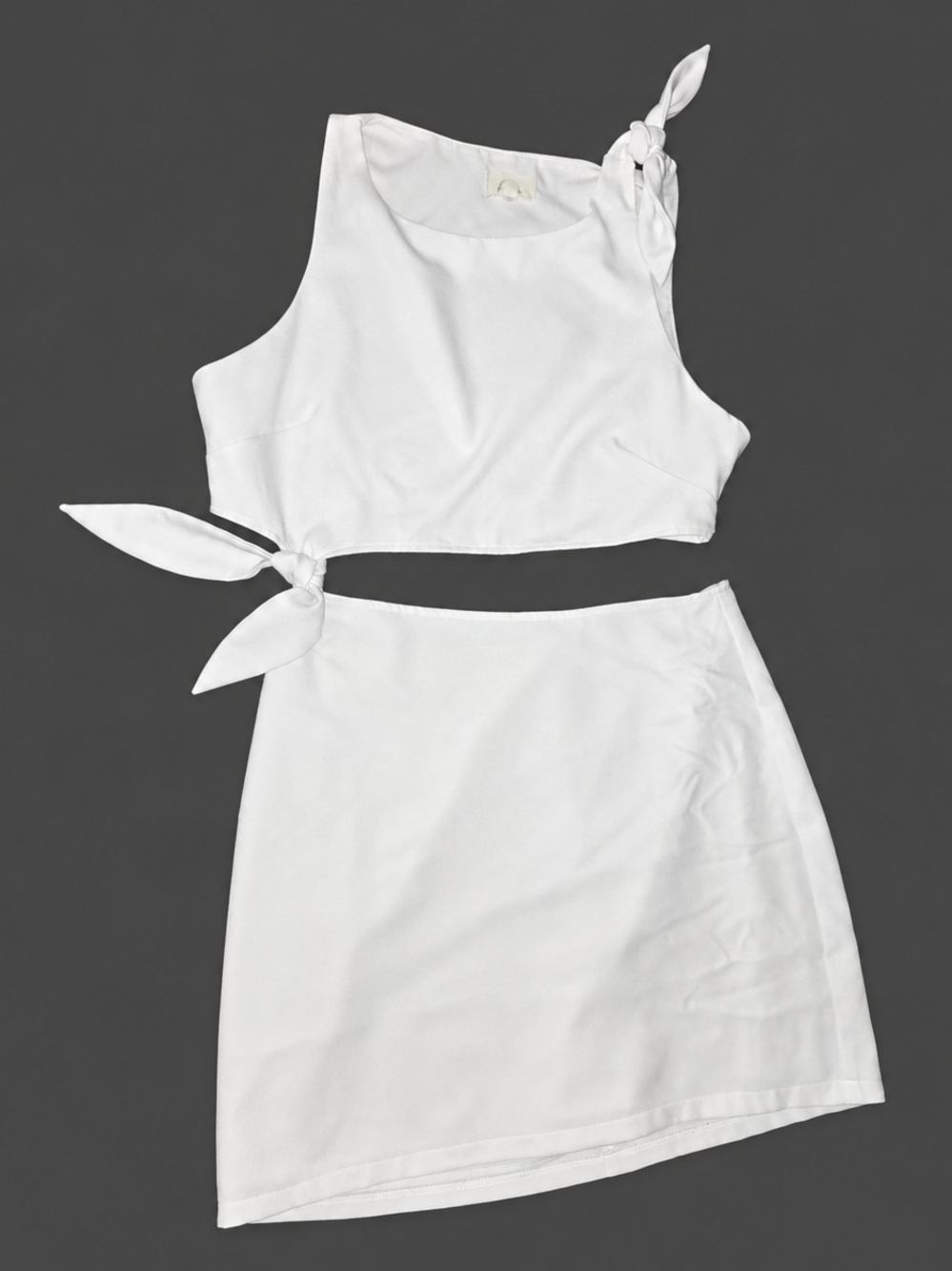 White Two-Piece Cutout Mini Dress Set Size Large | Sleeveless Tie Shoulder
